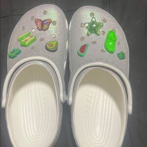 CROCS Classic White and Silver Mixed  Glitter Clog. With Charms.